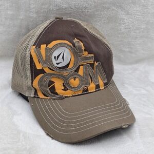 Volcom Hat Cap Snap Back Mens One Size Brown Tan Trucker‎ Mesh Distressed Patch